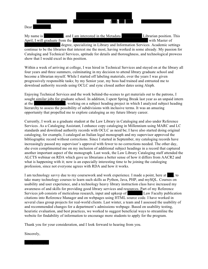Metadata Librarian Cover Letter Open Cover Letters
