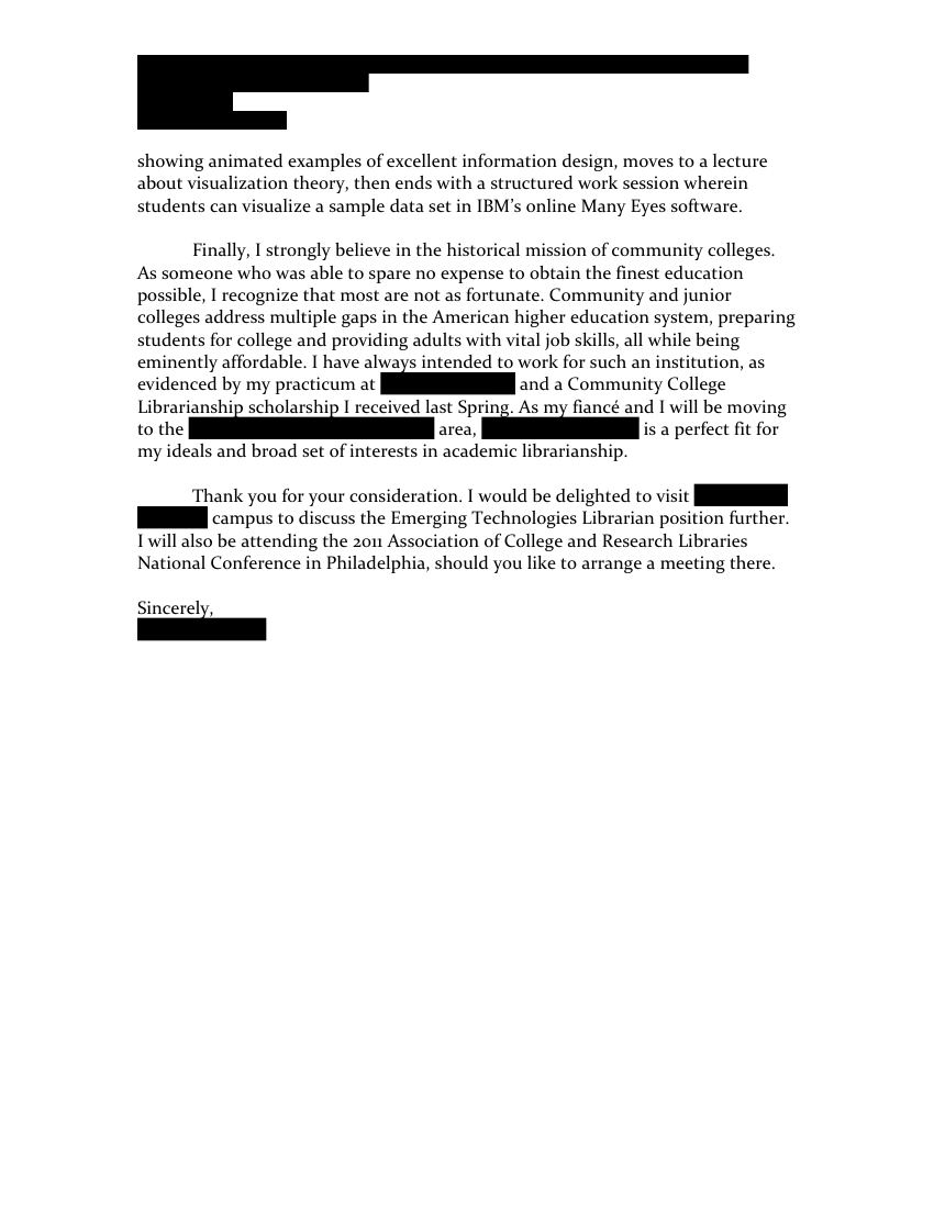 Sample cover letter for a community college teaching position